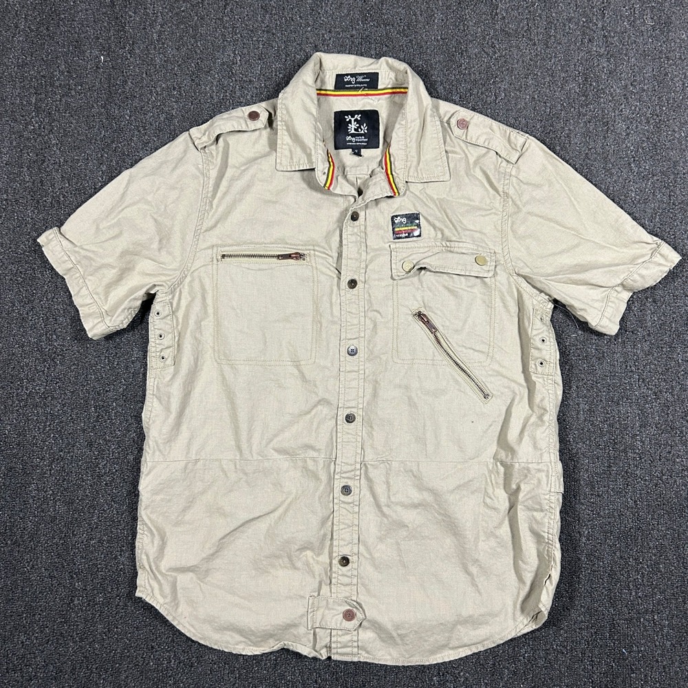 LRG Lifted Research Group Shirt Mens Medium Khaki Tan Linen Blend Utility Safari